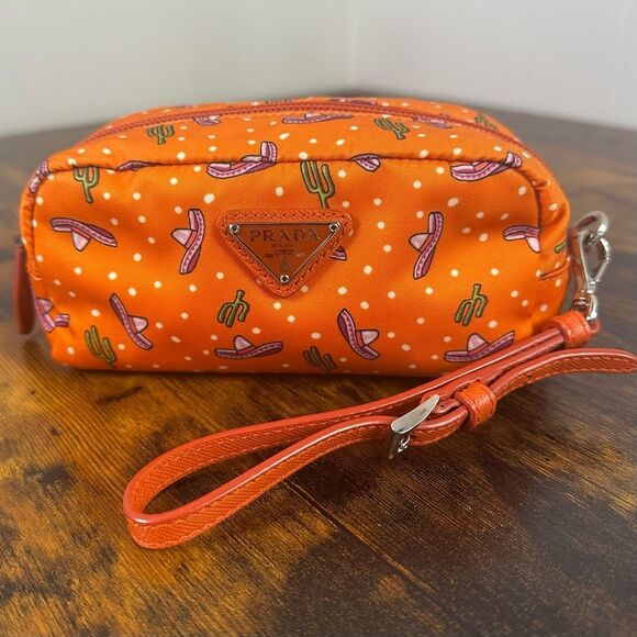 Prada Tessuto Nylon Wristlet Pouch Bag Orange Sombreros Cactus Colorful Festive - Picture 1 of 16